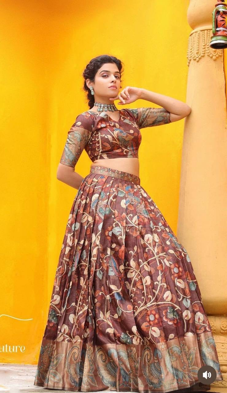 Chocolate Brown Wid Multi Kalamkari Print Lehenga Choli