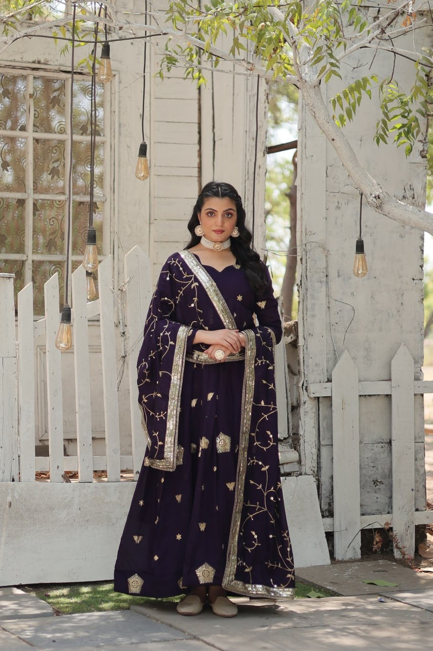 Modern Stylish Designer Worked Beige or Purple Two Gown with Rich Dupatta