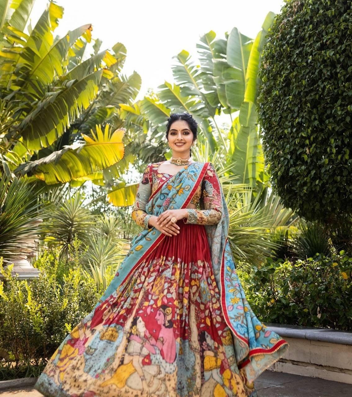 Shiny Maroon Kalamkari Printed Lehenga Choli