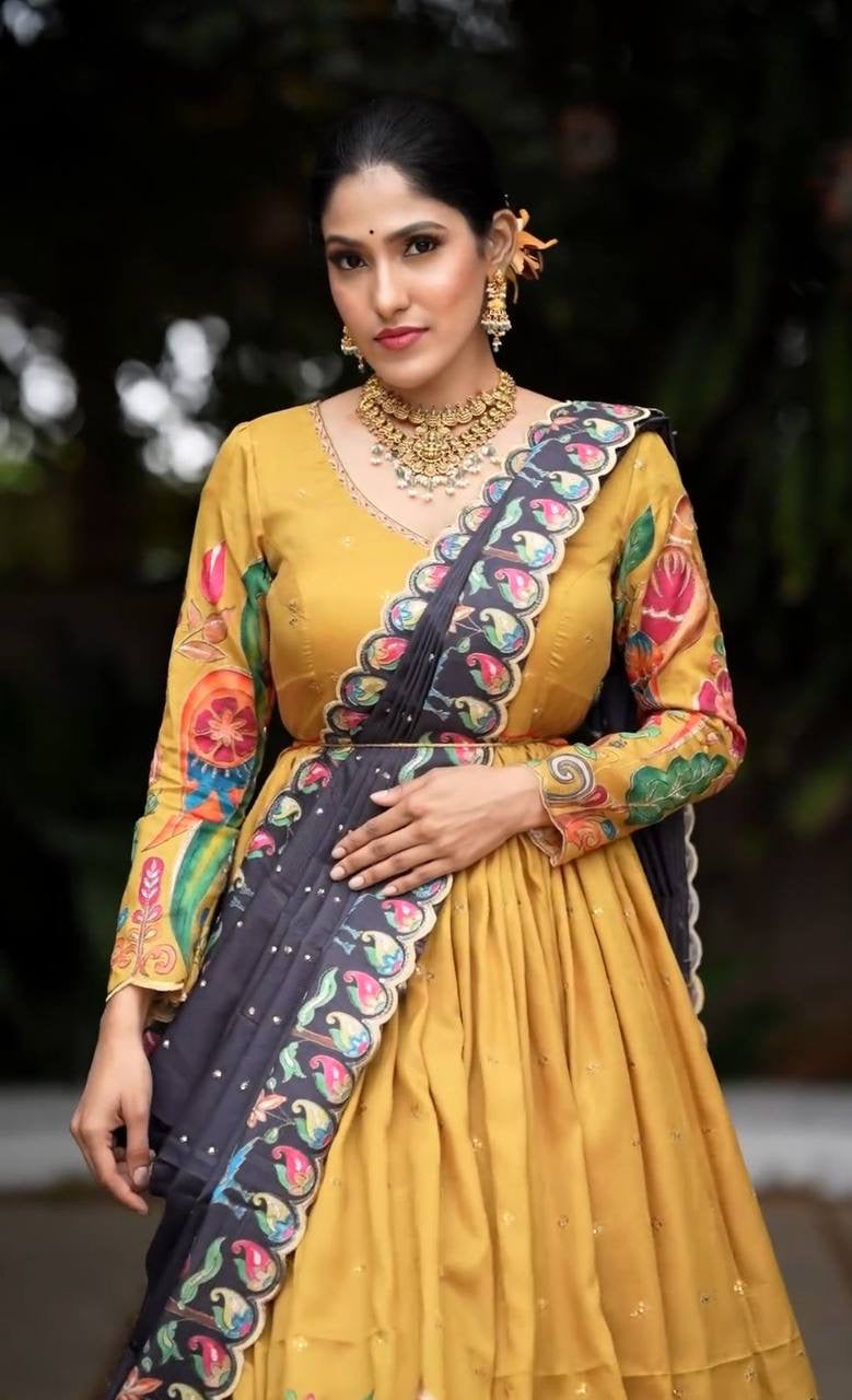 Yellow Multi Kalamkari Print Festival Stunning Gown