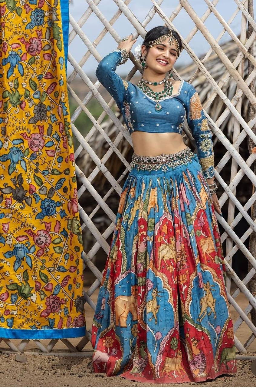 Sky Blue Wid Multi Kalamkari Print Lehenga Choli