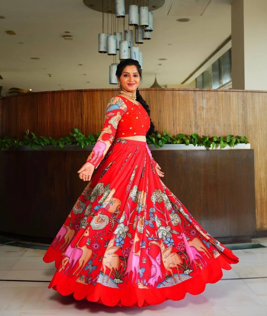 Rosy Red Multi Kalamkari Print Lehenga Choli