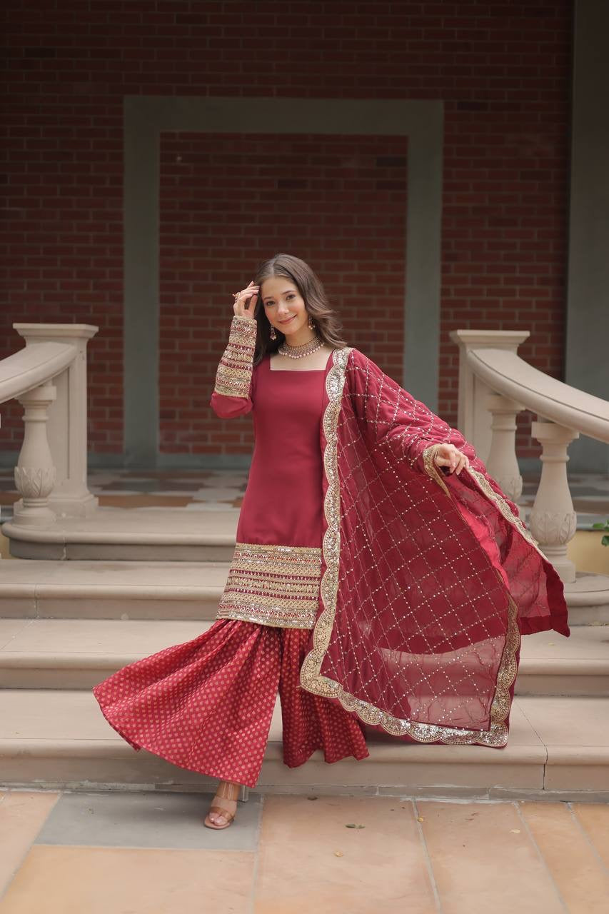 Introducing the SHIVTRAA LUX PREMIUM DESIGNER READYMADE TOP-SHARARA-DUPATTA COLLECTION!