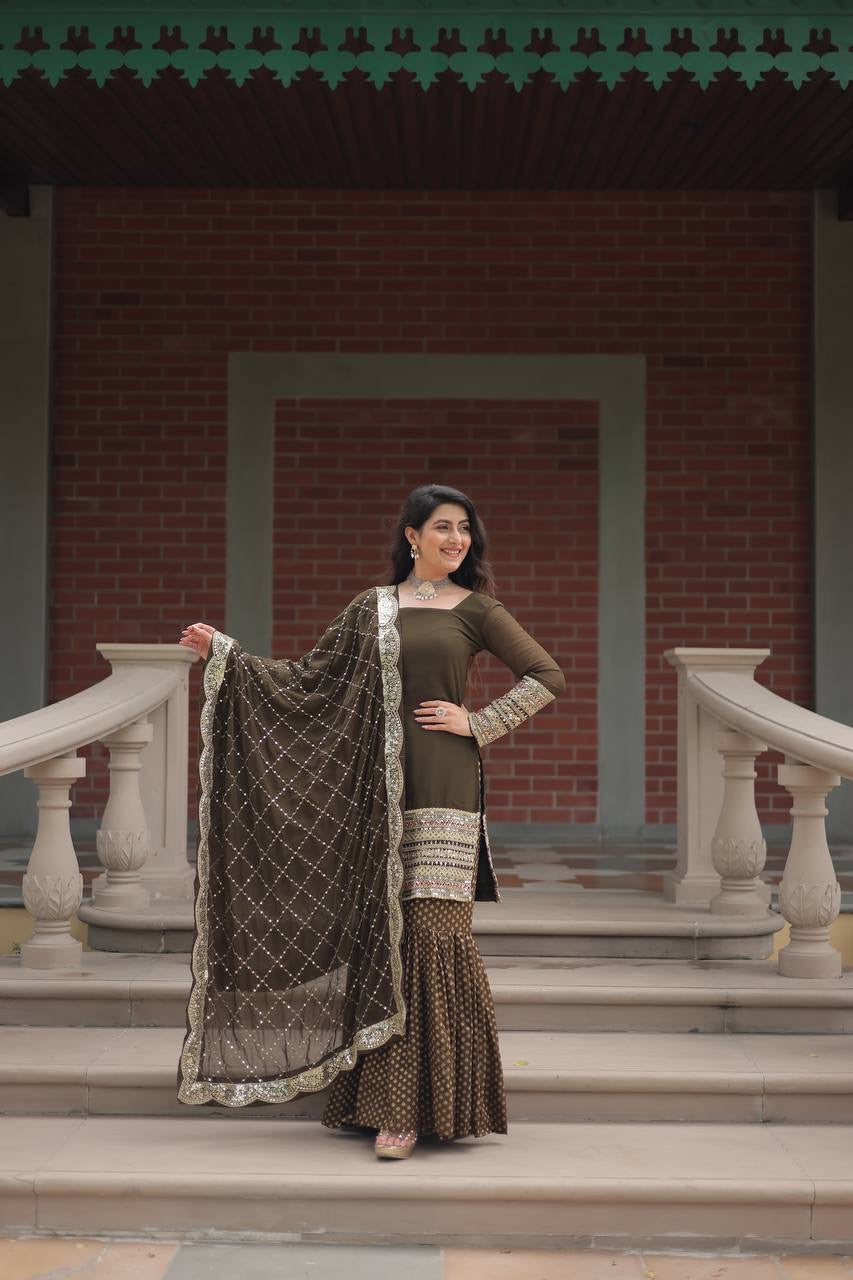 Introducing the SHIVTRAA LUX PREMIUM DESIGNER READYMADE TOP-SHARARA-DUPATTA COLLECTION!