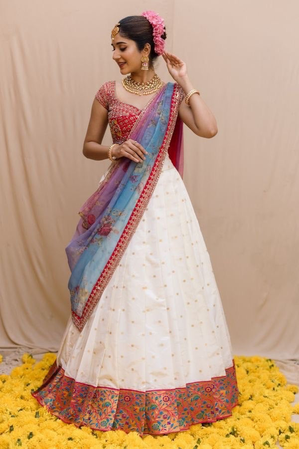 Polar White wid Pink & Sky Combination Designer Rich South Indian Half Saree