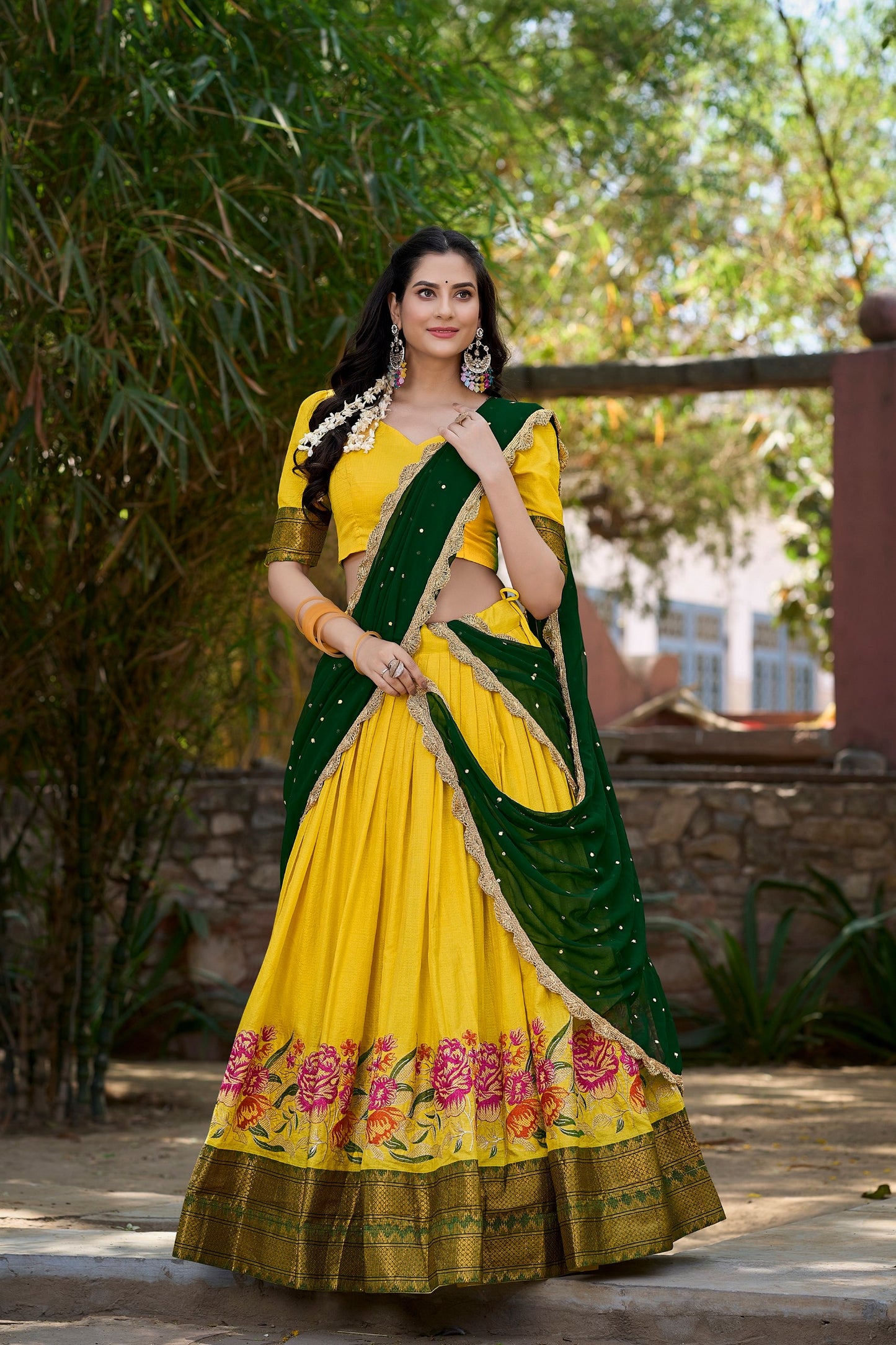 Ishaani Attention Stunning Cotton Silk Thread Embroidery Lehenga Choli Wid Drape Georgette Dupatta