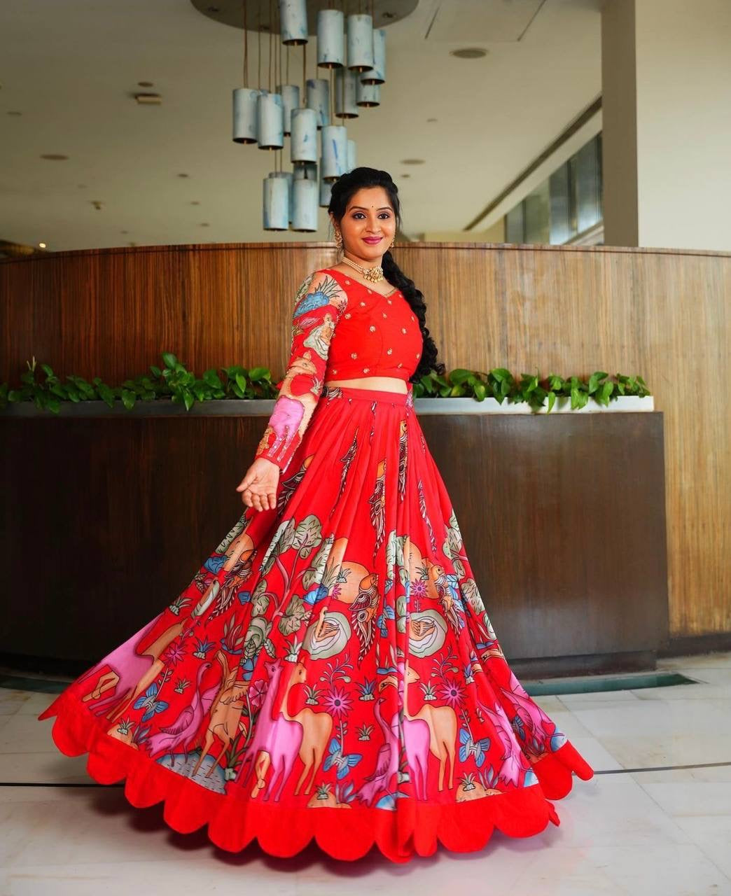 Rosy Red Multi Kalamkari Print Lehenga Choli