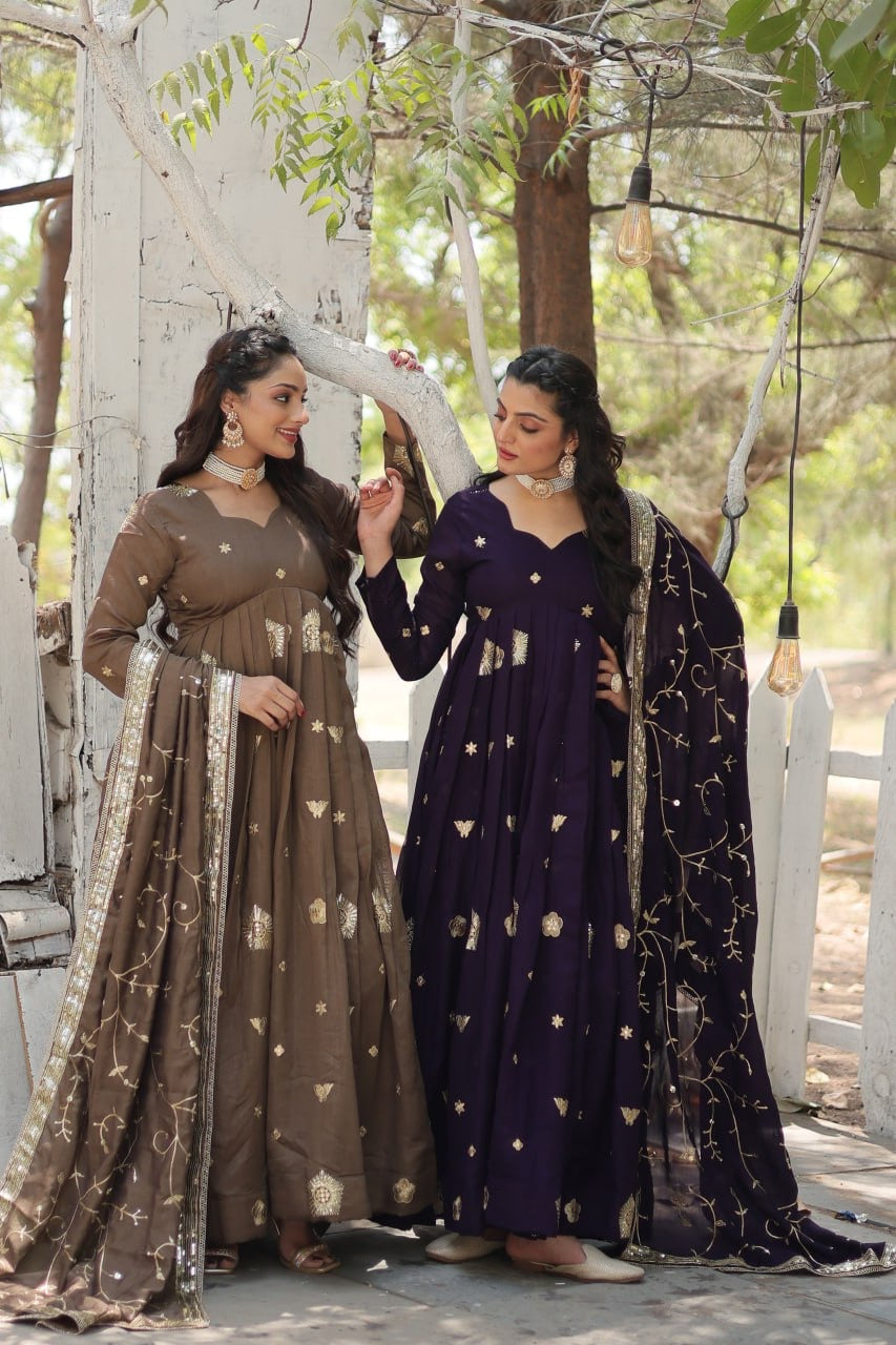 Modern Stylish Designer Worked Beige or Purple Two Gown with Rich Dupatta