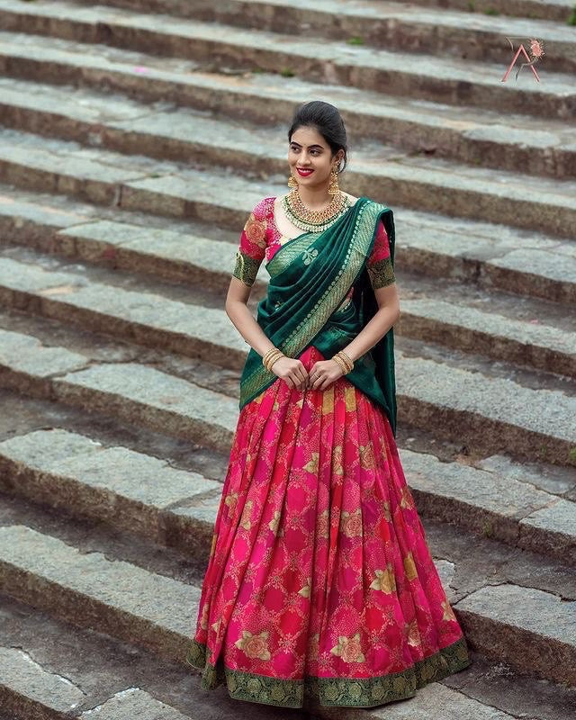 Rani Green True-tone Weaved Festival Designer Lehenga Half Saree