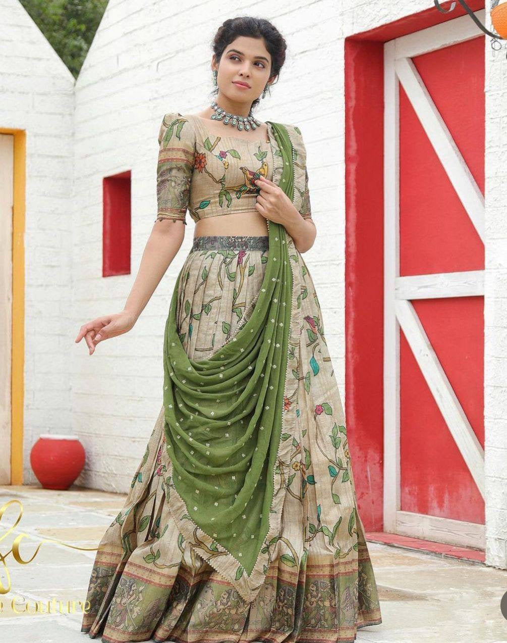 Pure Cream Wid Multi Kalamkari Print Lehenga Choli