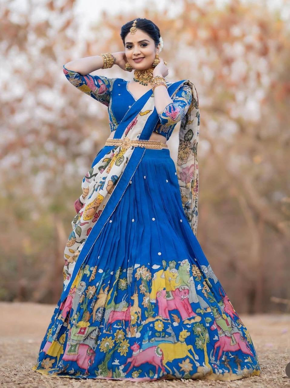 Royal Blue Wid Multi Kalamkari Print Lehenga Choli