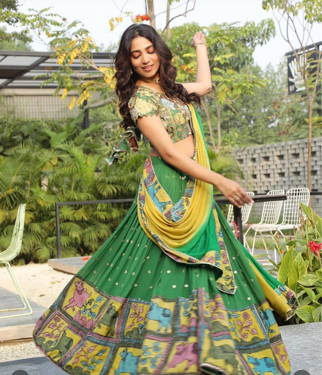 Green Wid Multi Kalamkari Print Lehenga Choli