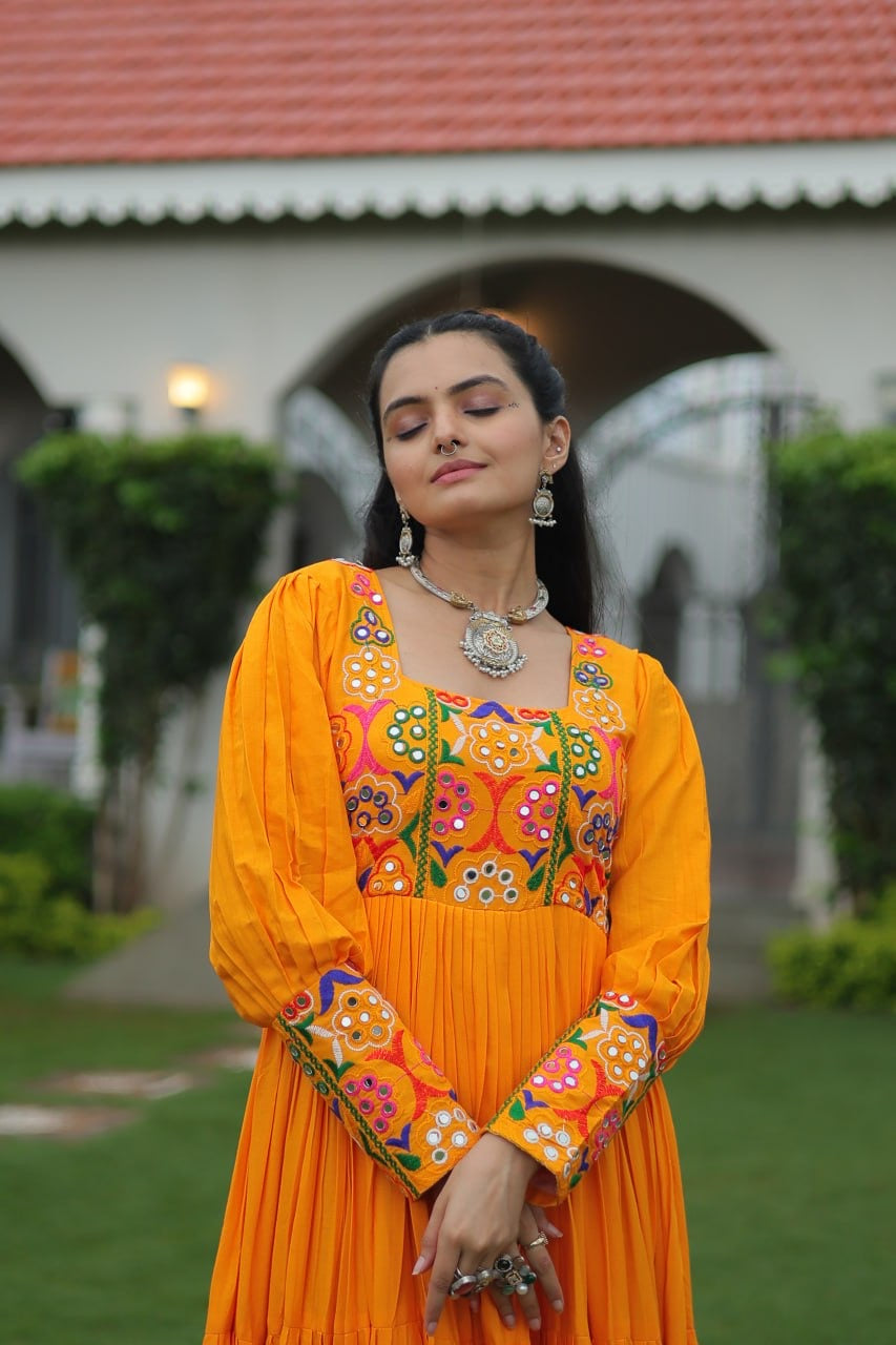 NAVRATRI DESIGNER MUSTERD GOWN COLLECTIONS FOR 2025 CELEBRATING GUJJUS GARBA