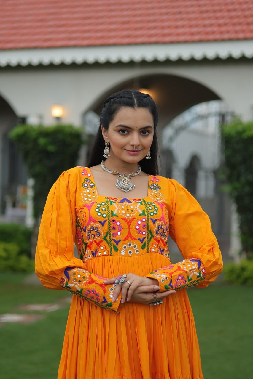 NAVRATRI DESIGNER MUSTERD GOWN COLLECTIONS FOR 2025 CELEBRATING GUJJUS GARBA