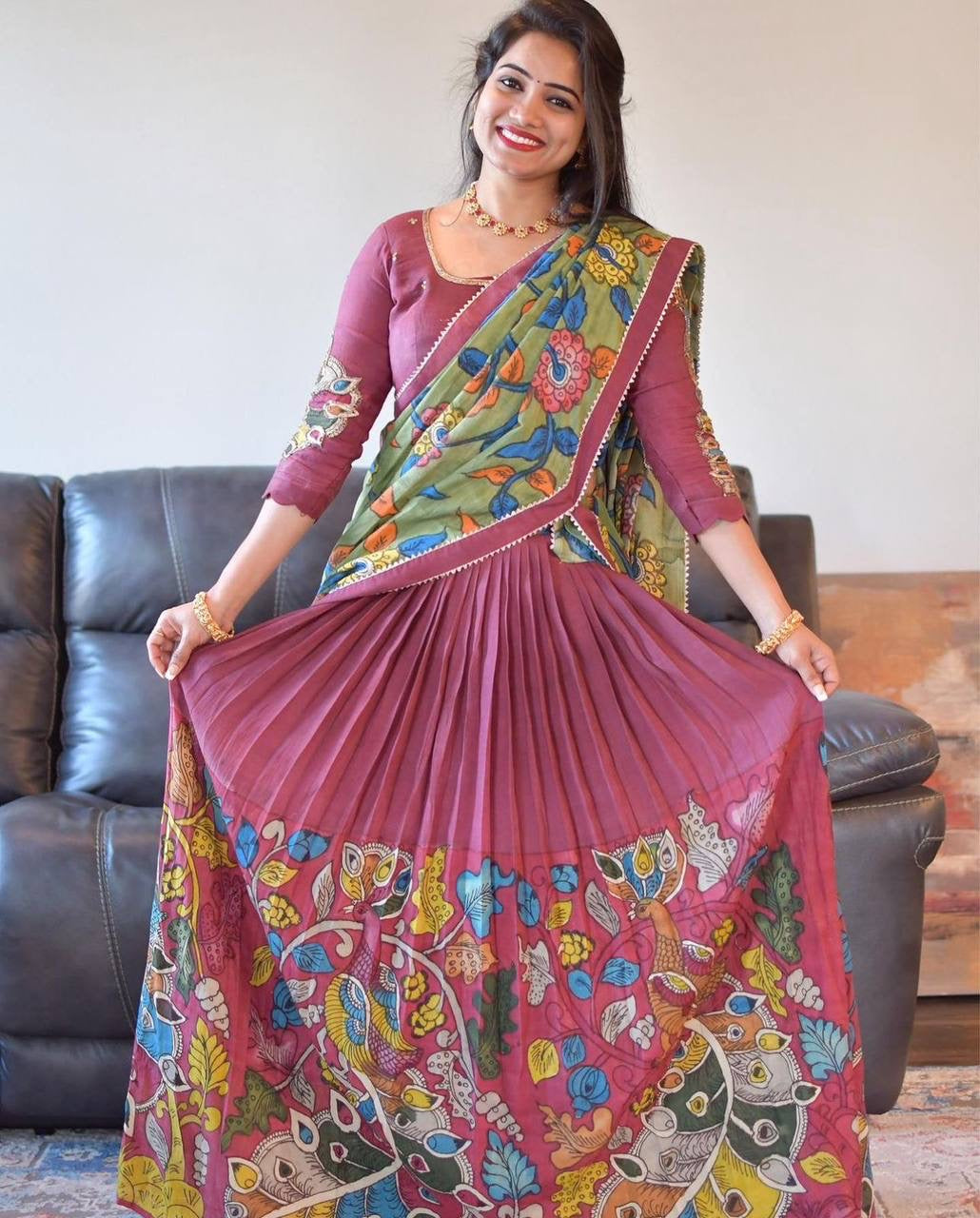 Magenta Multi Kalamkari Print Lehenga Choli