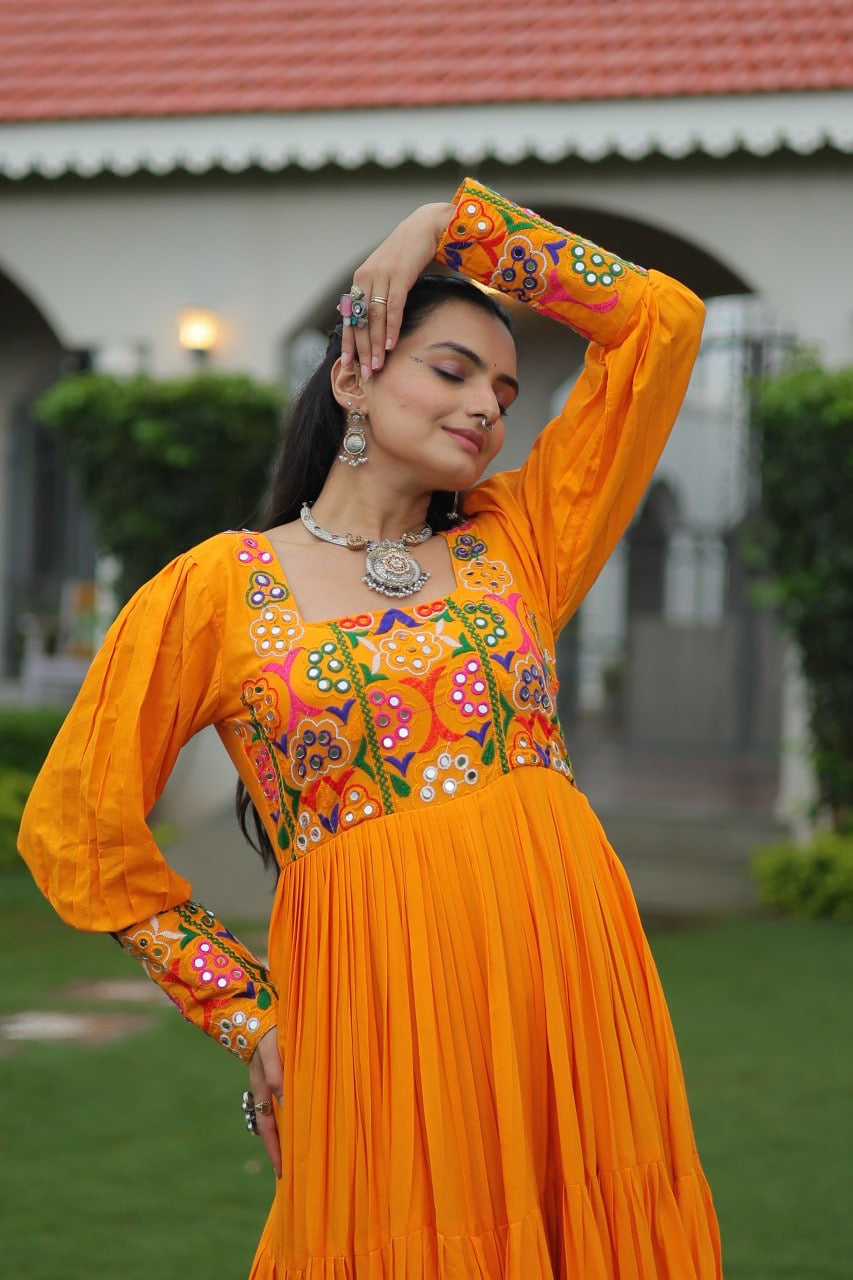 NAVRATRI DESIGNER MUSTERD GOWN COLLECTIONS FOR 2025 CELEBRATING GUJJUS GARBA