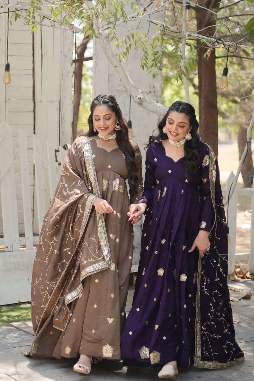 Modern Stylish Designer Worked Beige or Purple Two Gown with Rich Dupatta