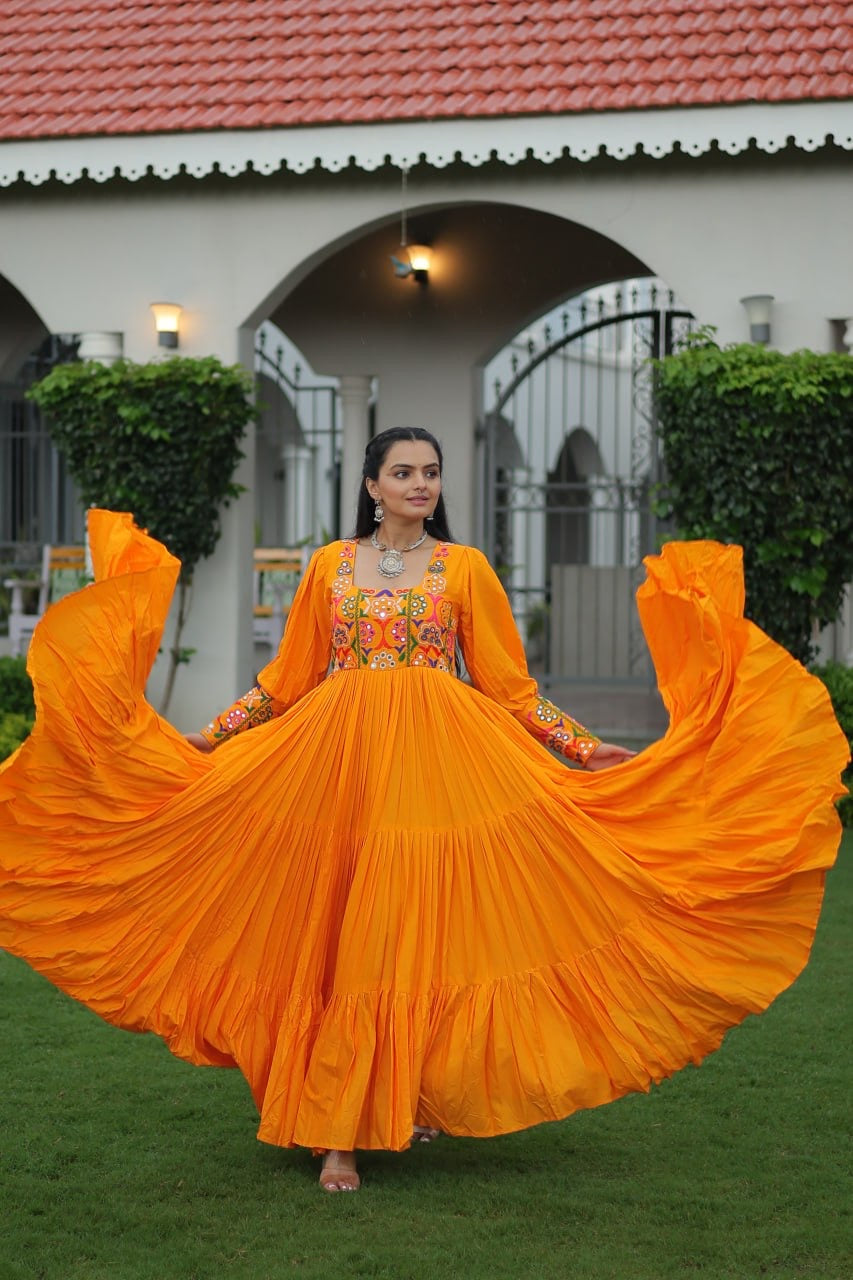 NAVRATRI DESIGNER MUSTERD GOWN COLLECTIONS FOR 2025 CELEBRATING GUJJUS GARBA