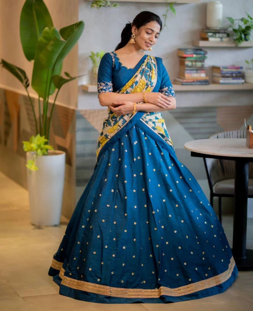 Shine Nebula Blue Wid Multi Kalamkari Print Lehenga Choli