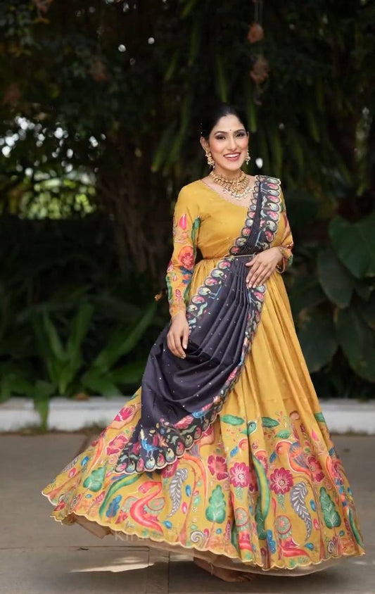 Yellow Multi Kalamkari Print Festival Stunning Gown