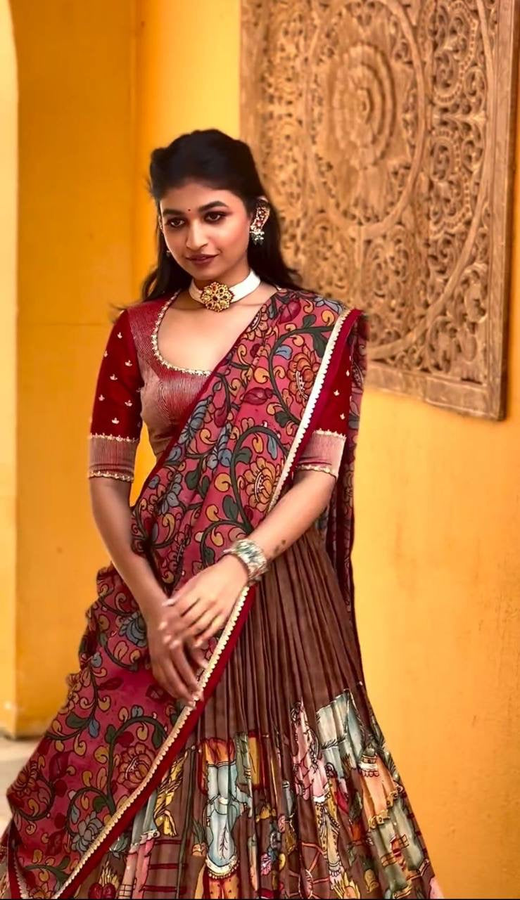 Chocolate Brown Kalamkari Print With Little Embroidery Works Lehenga Choli