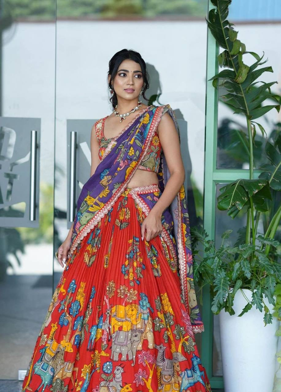 Red Purple Designer Multi Kalamkari Print Lehenga Choli