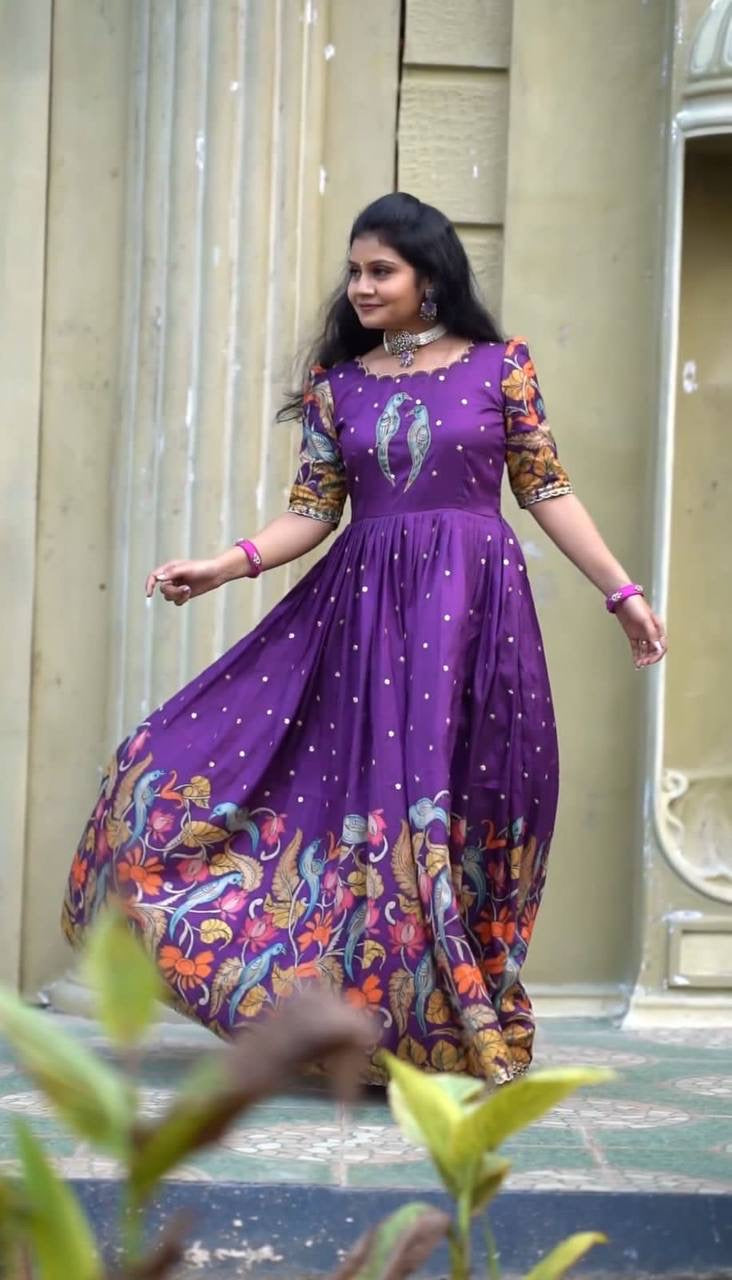 Purple Multi Kalamkari Print Festival Stunning Gown