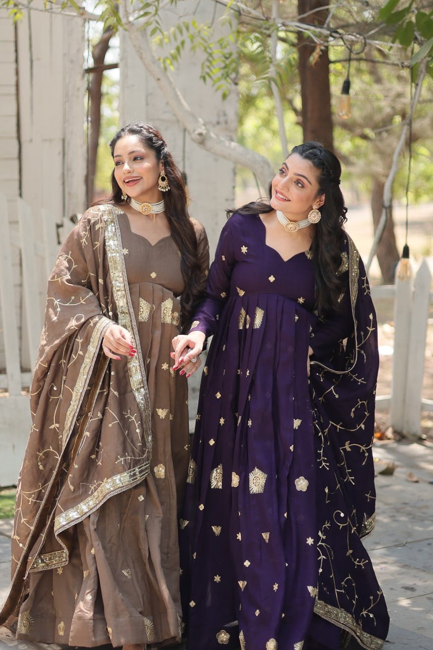 Modern Stylish Designer Worked Beige or Purple Two Gown with Rich Dupatta