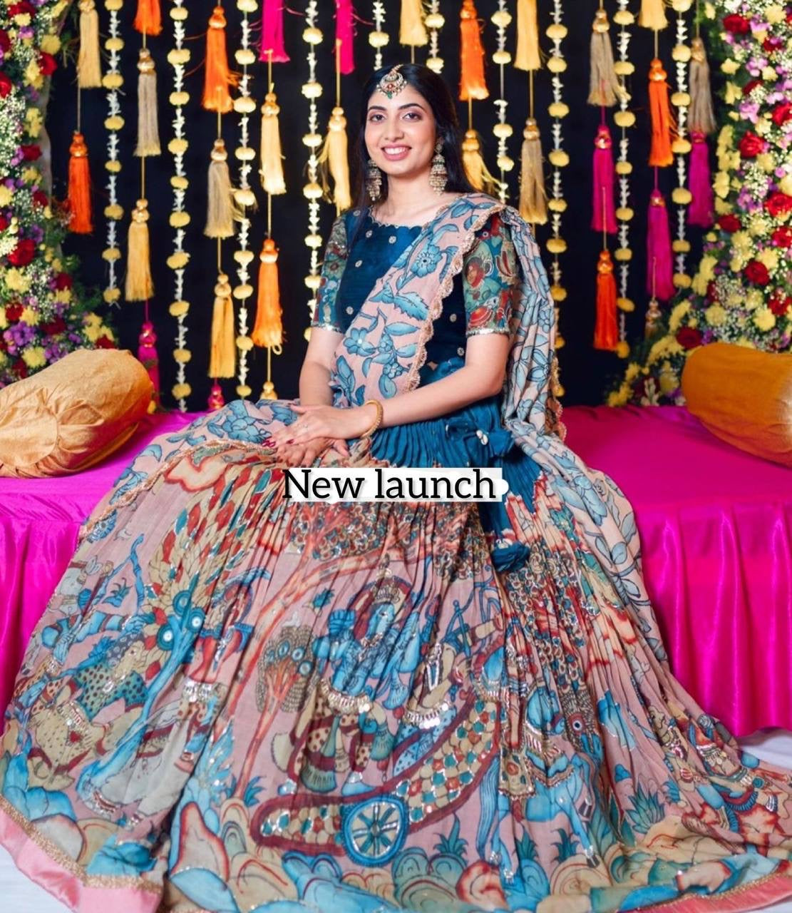 Nebula Blue Wid Multi Kalamkari Print Lehenga Choli