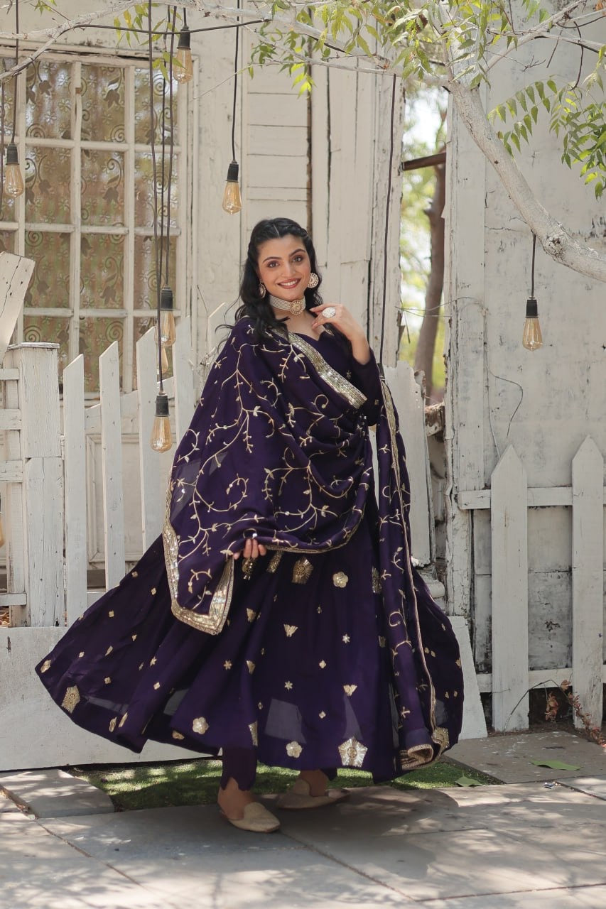 Modern Stylish Designer Worked Beige or Purple Two Gown with Rich Dupatta