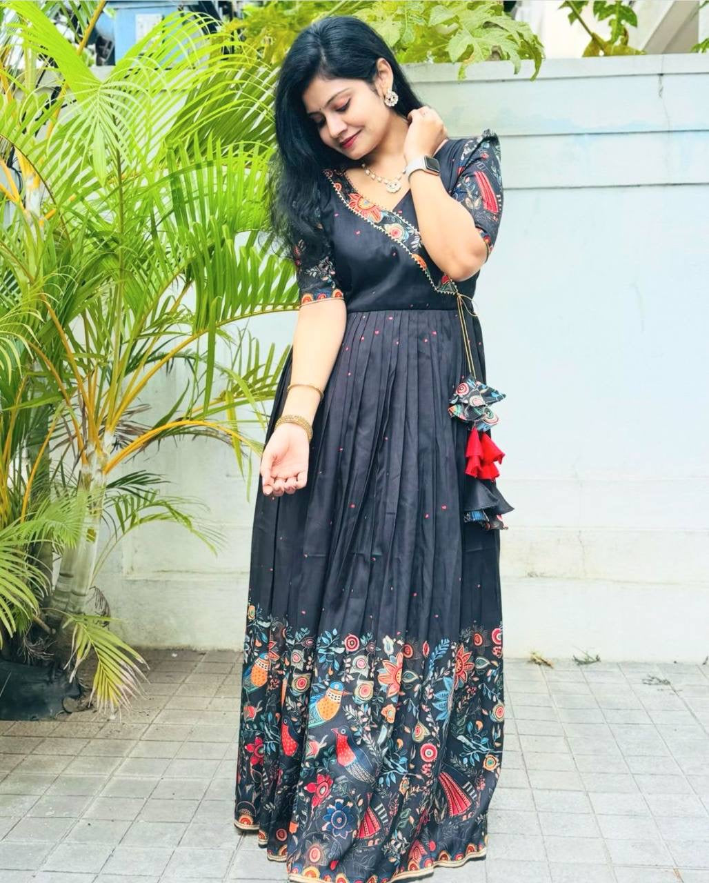 Black Multi Kalamkari Print Festival Traditional Gown