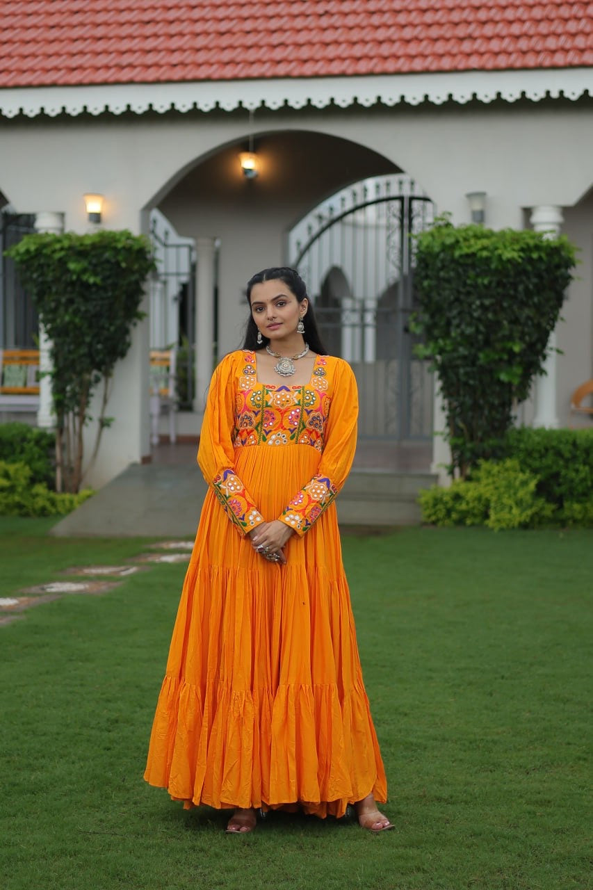 NAVRATRI DESIGNER MUSTERD GOWN COLLECTIONS FOR 2025 CELEBRATING GUJJUS GARBA