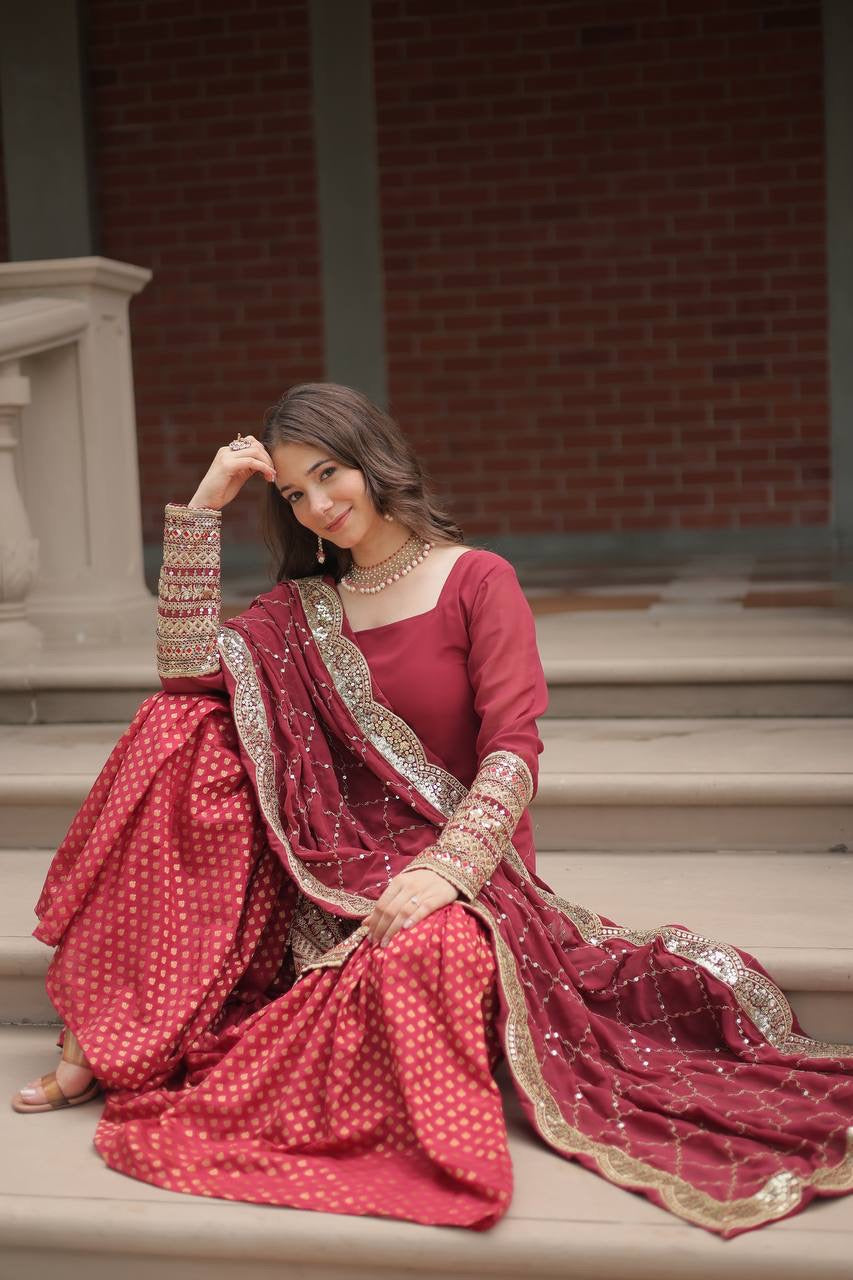 Introducing the SHIVTRAA LUX PREMIUM DESIGNER READYMADE TOP-SHARARA-DUPATTA COLLECTION!