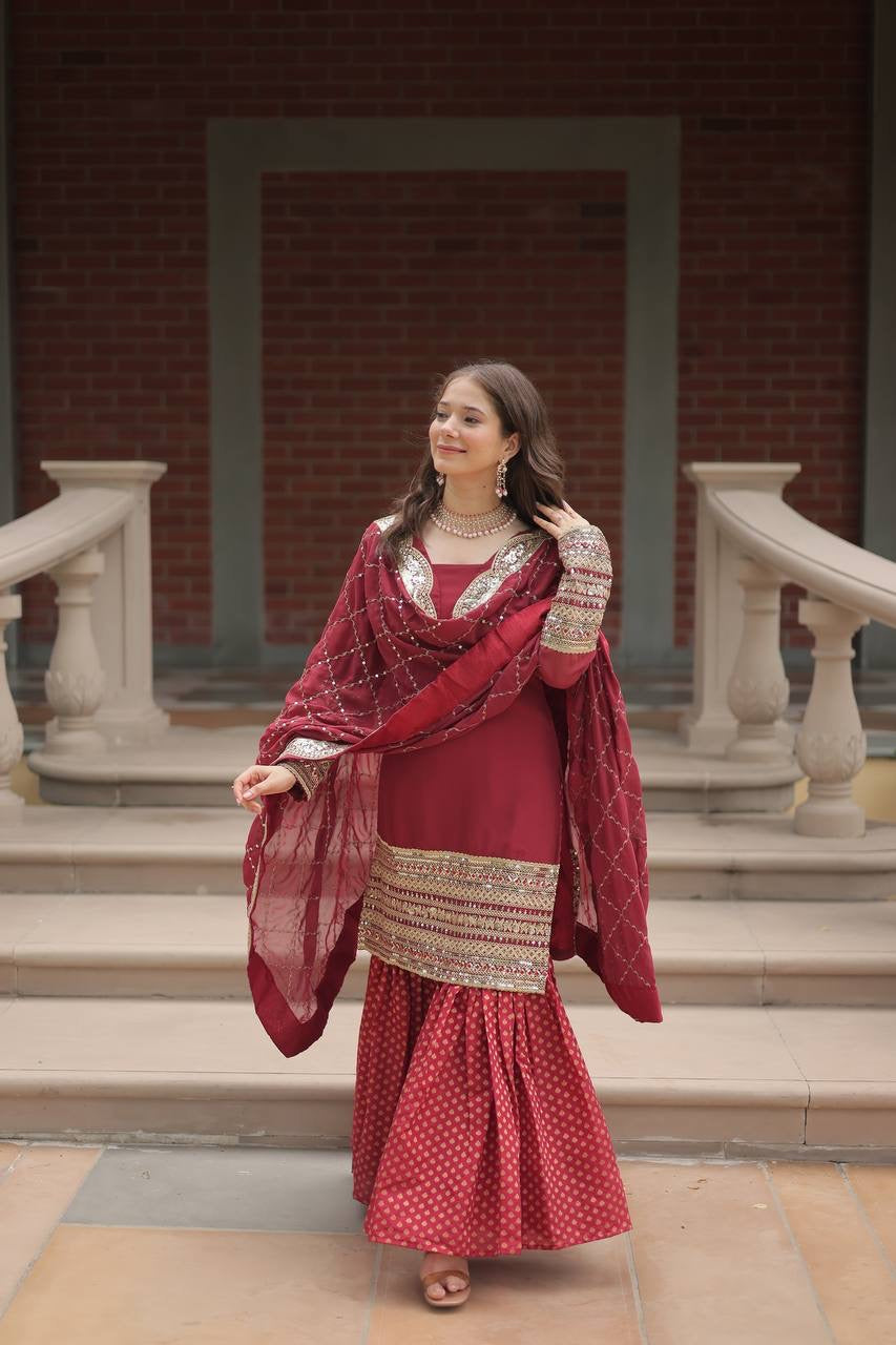 Introducing the SHIVTRAA LUX PREMIUM DESIGNER READYMADE TOP-SHARARA-DUPATTA COLLECTION!