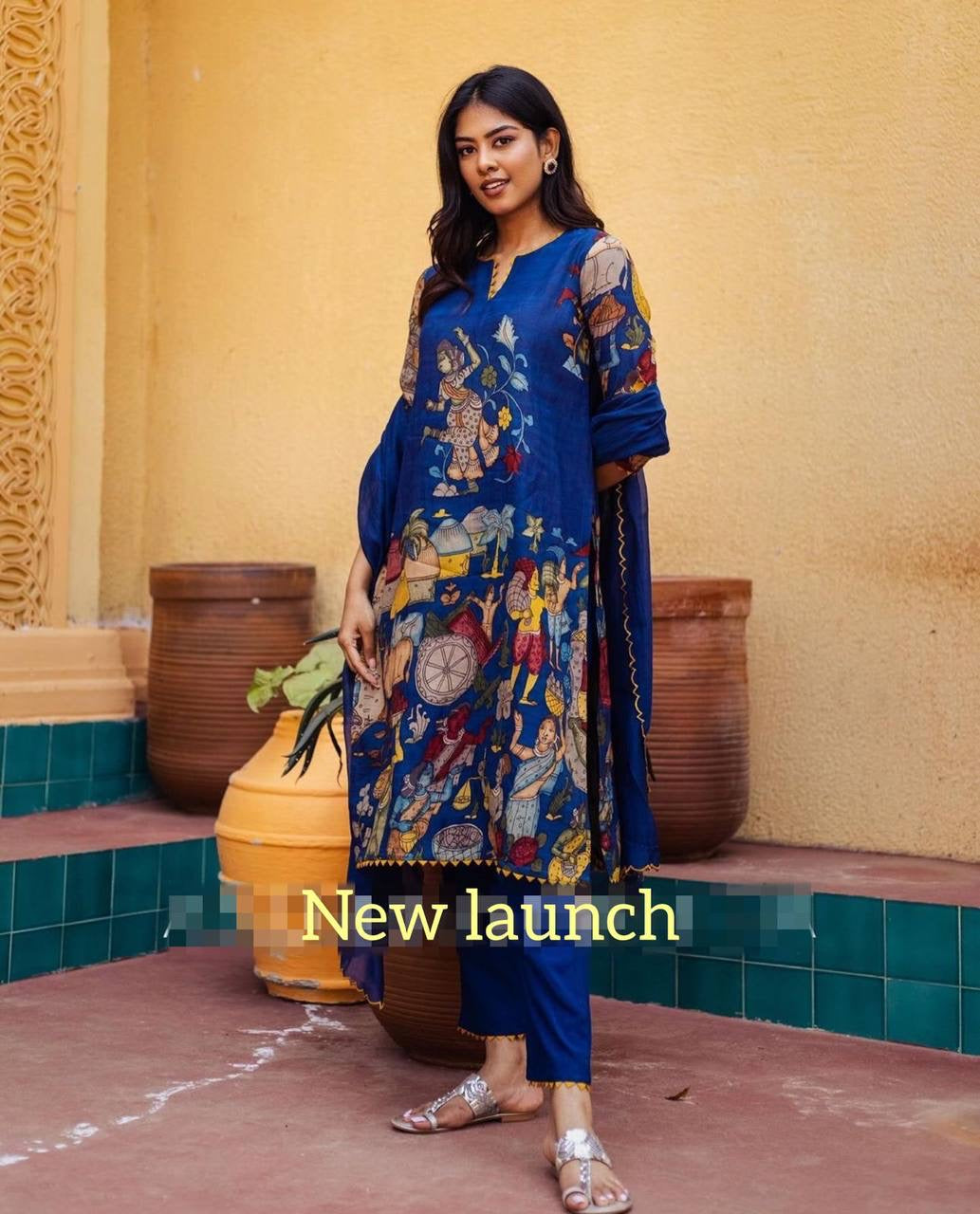 Blue Multi Kalamkari Print Stunning Festival Kurti 3 Piece Pair