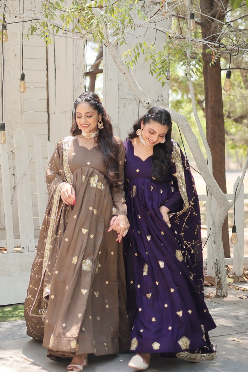 Modern Stylish Designer Worked Beige or Purple Two Gown with Rich Dupatta