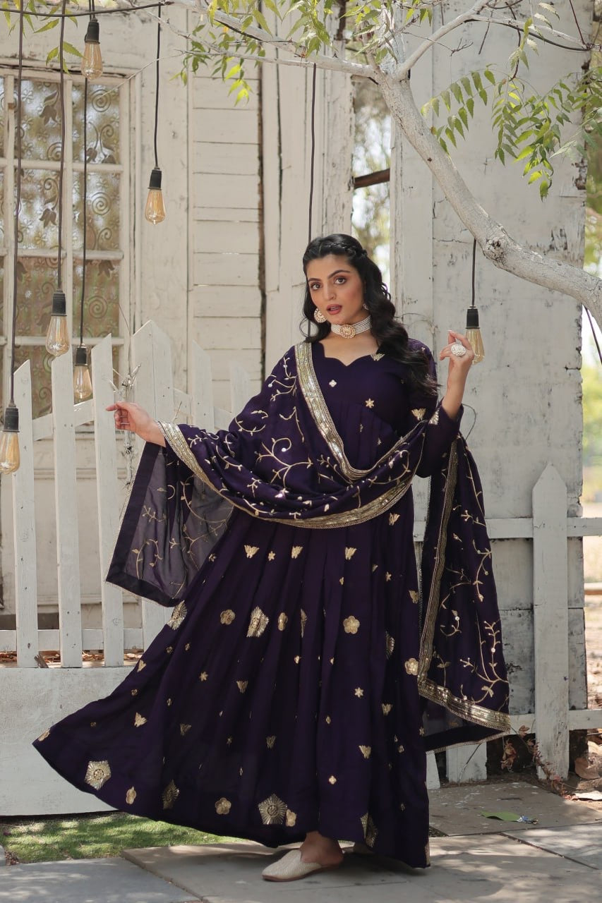 Modern Stylish Designer Worked Beige or Purple Two Gown with Rich Dupatta