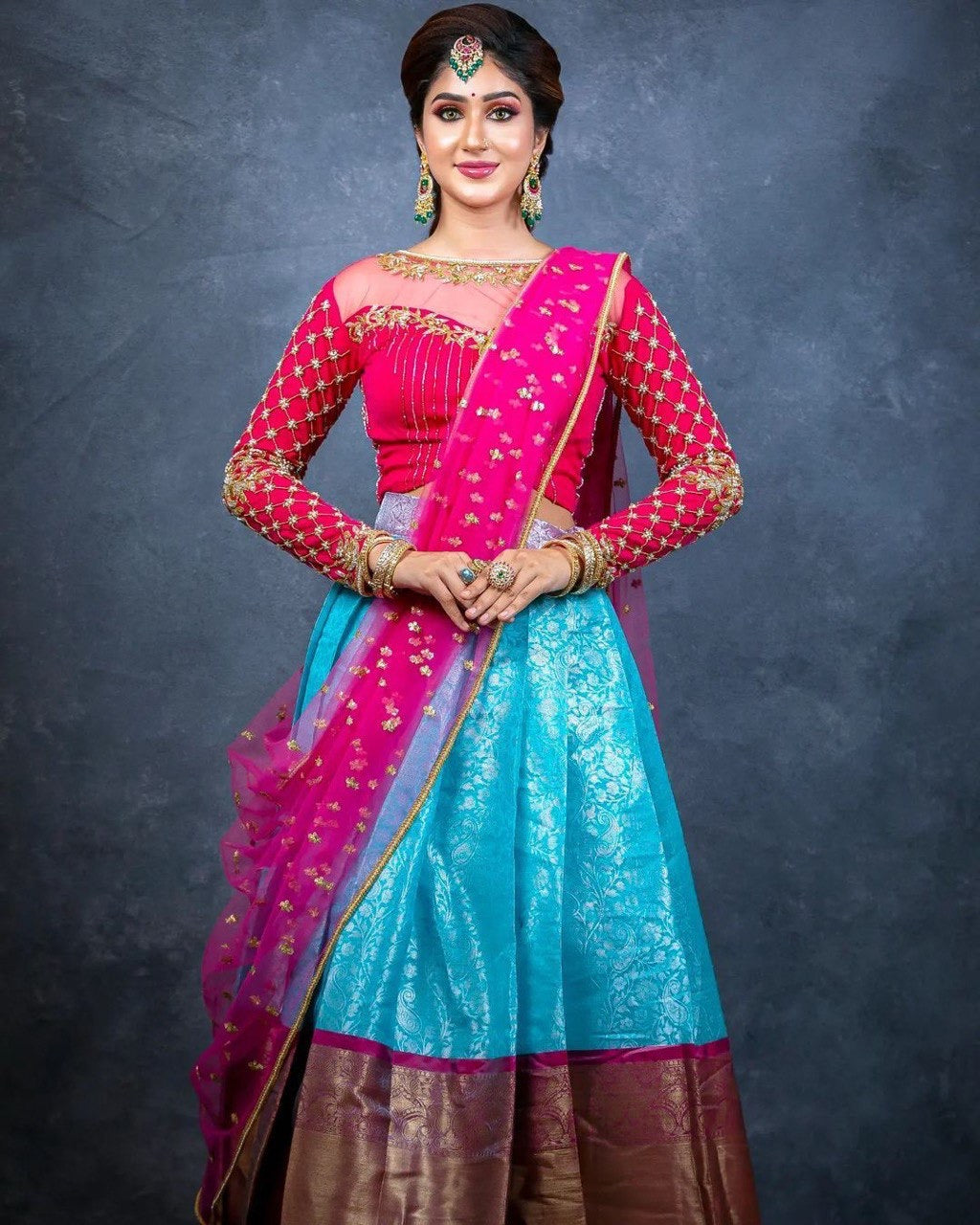 Sky Rani Pink Matched Designer Festival Lehenga Half Saree