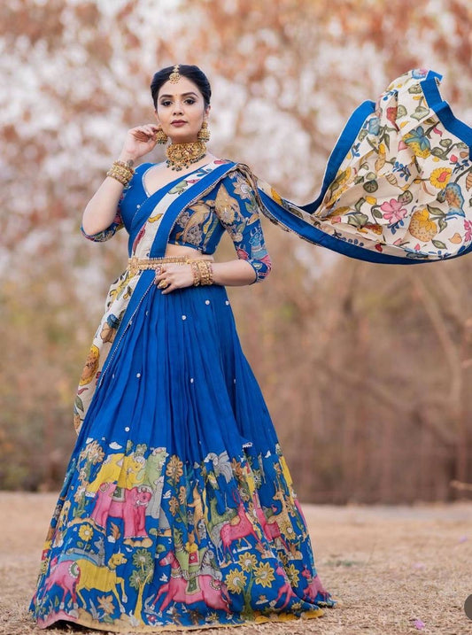 Royal Blue Wid Multi Kalamkari Print Lehenga Choli