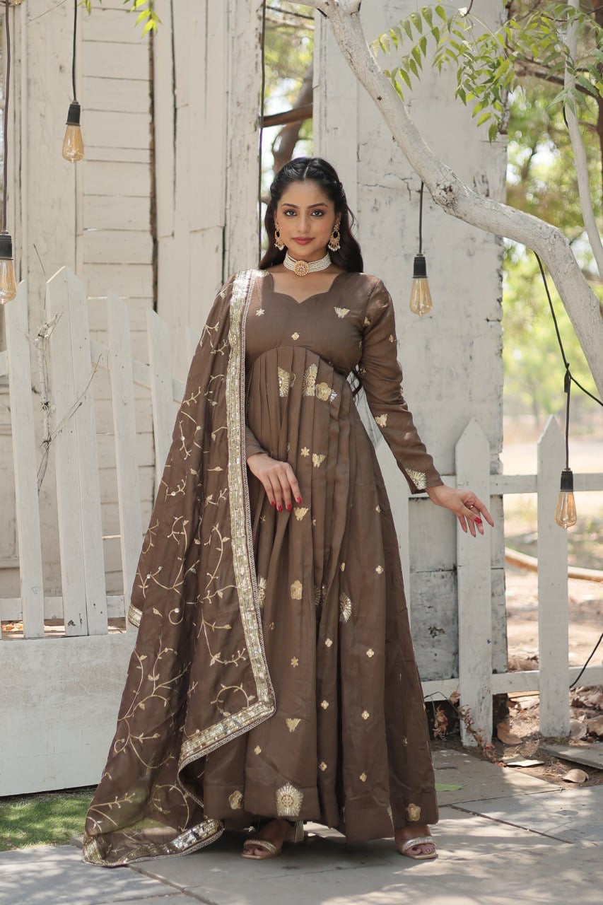 Modern Stylish Designer Worked Beige or Purple Two Gown with Rich Dupatta