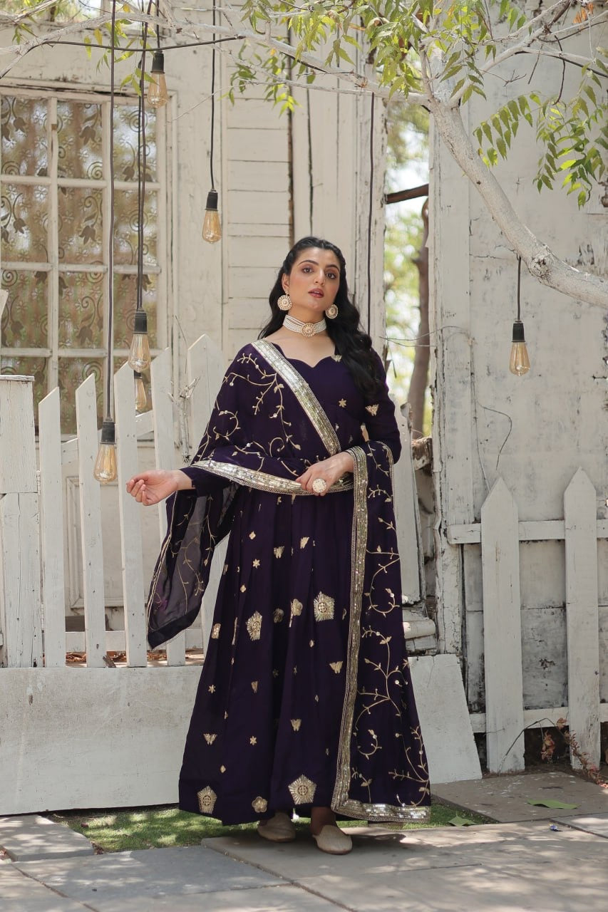 Modern Stylish Designer Worked Beige or Purple Two Gown with Rich Dupatta