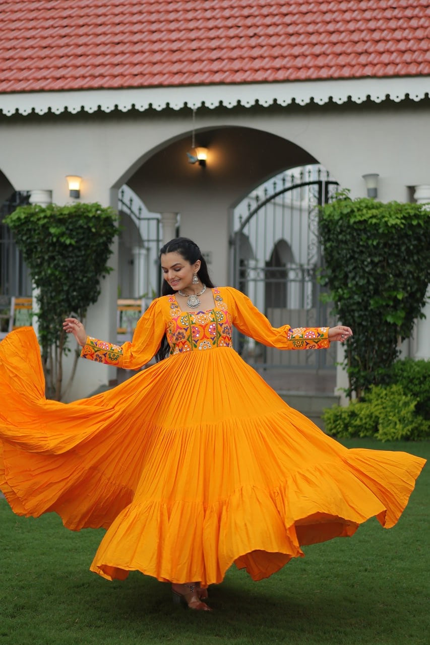NAVRATRI DESIGNER MUSTERD GOWN COLLECTIONS FOR 2025 CELEBRATING GUJJUS GARBA