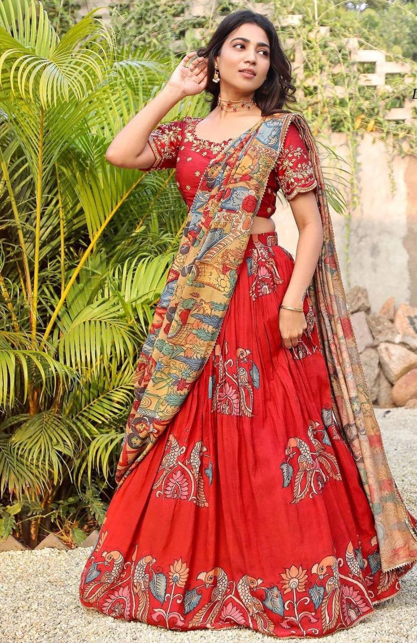 Tendi Red Wid Multi Kalamkari Print Lehenga Choli