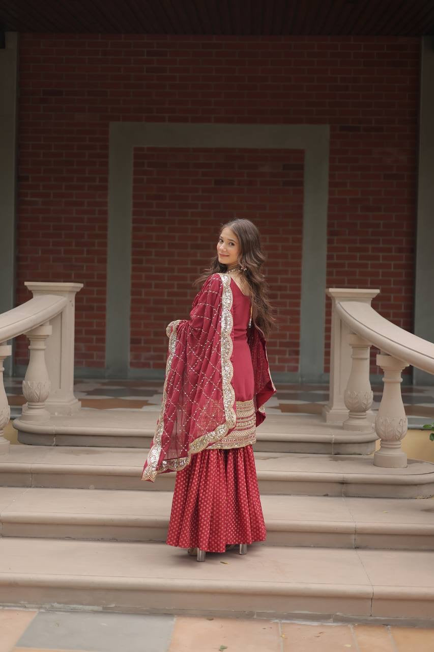 Introducing the SHIVTRAA LUX PREMIUM DESIGNER READYMADE TOP-SHARARA-DUPATTA COLLECTION!