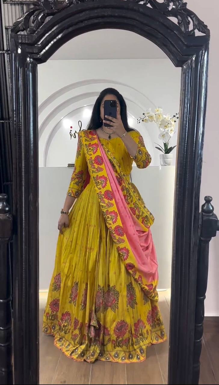 Twining Yellow and Purple Wid Multi Kalamkari Print Lehenga Choli