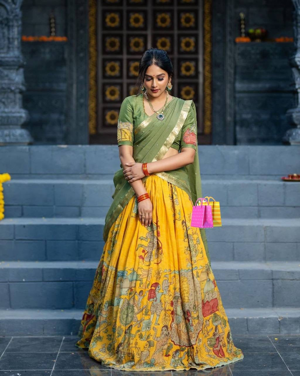 Twining Yellow Wid Multi Kalamkari Print Lehenga Choli