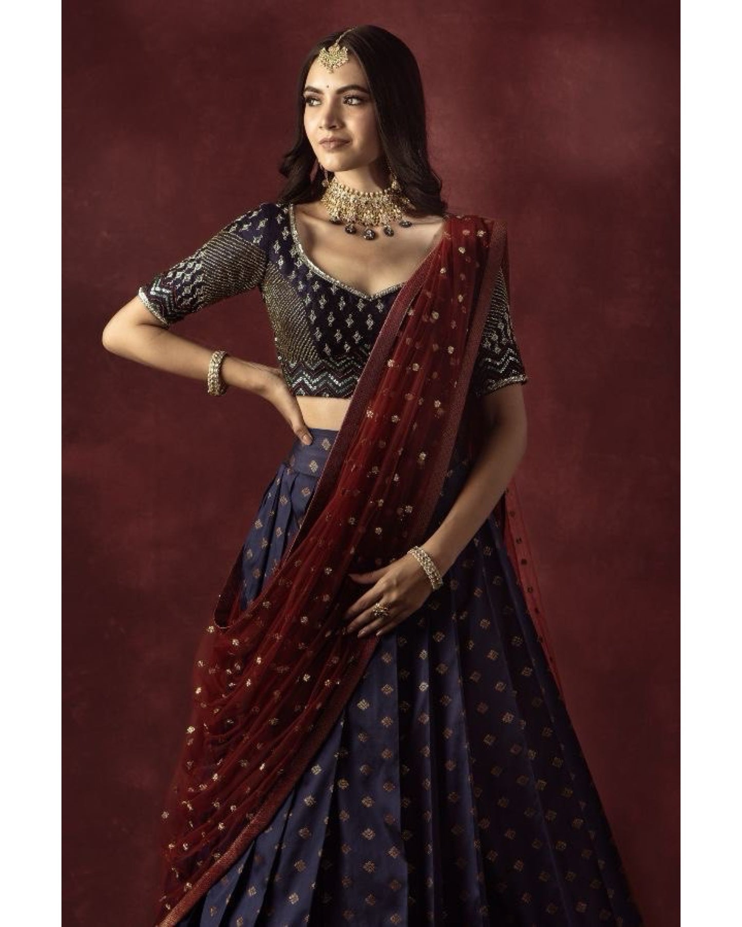 Zari Gold Blue With Maroon Combined Worked South Indian Special Occasion Lehenga Half Saree