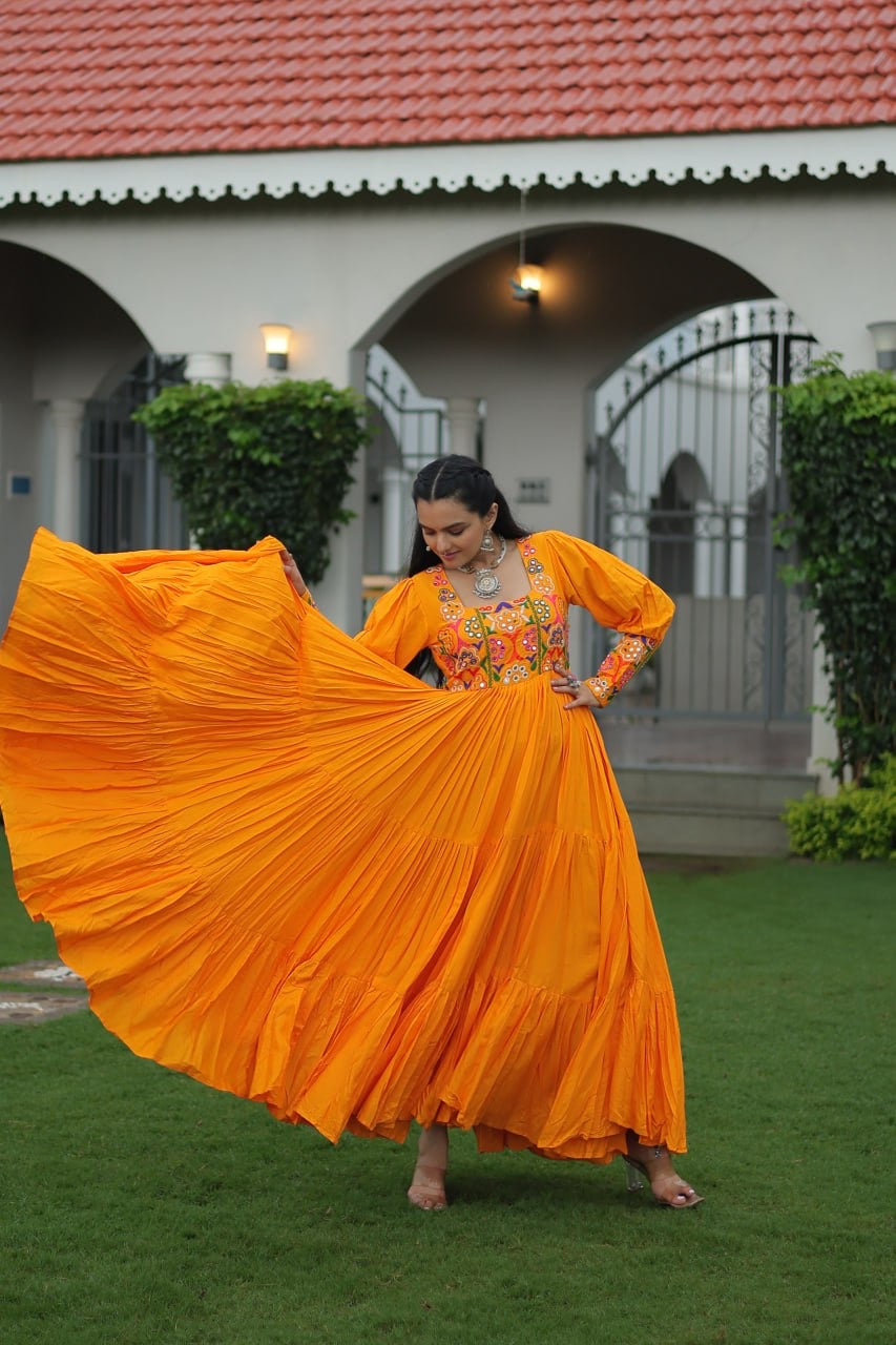 NAVRATRI DESIGNER MUSTERD GOWN COLLECTIONS FOR 2025 CELEBRATING GUJJUS GARBA