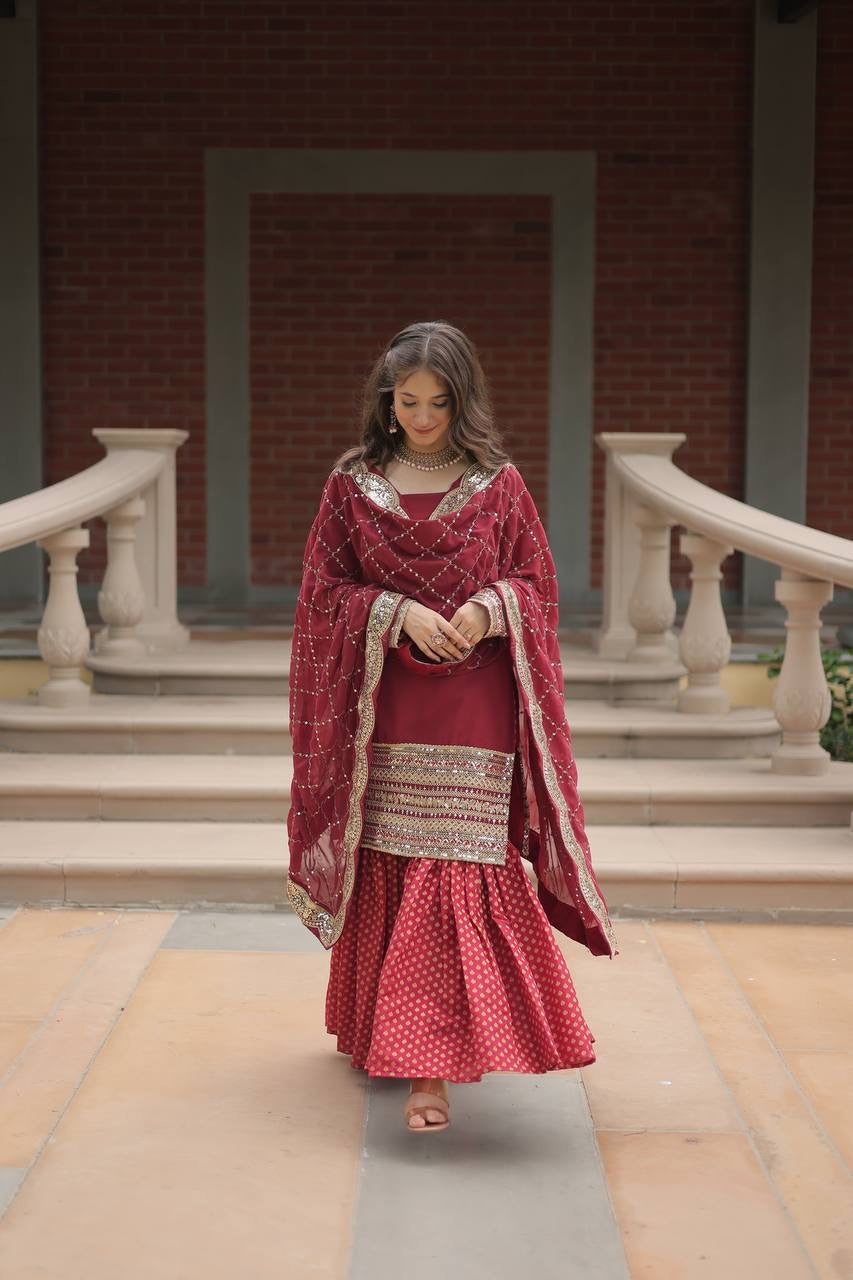 Introducing the SHIVTRAA LUX PREMIUM DESIGNER READYMADE TOP-SHARARA-DUPATTA COLLECTION!