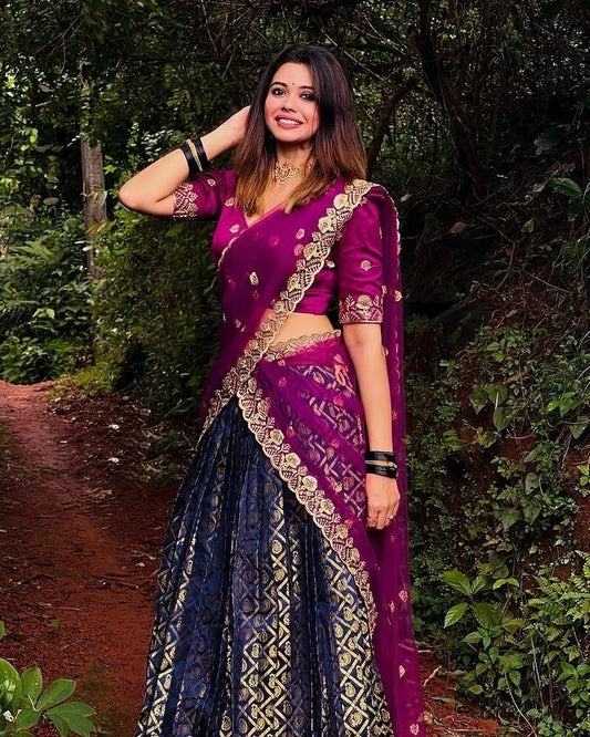 Blue Magenta Shine Shade Worked Festival Occasion Lehenga Half Saree